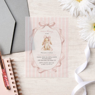 Cute Bunny, Pink Bow, Pink Stripes, First Birthday Vellum Invitations