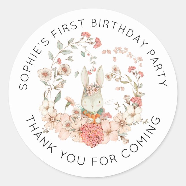 Cute Bunny Pink Floral 1st Birthday Thank You  Classic Round Sticker (Front)
