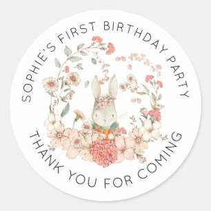 Cute Bunny Pink Floral 1st Birthday Thank You Classic Round Sticker