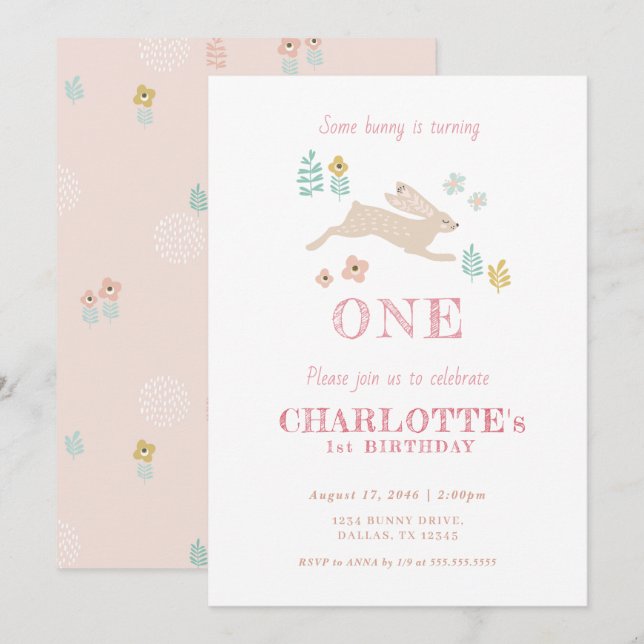 Cute Bunny Pink Floral Kid Girl's First Birthday  Invitation (Front/Back)