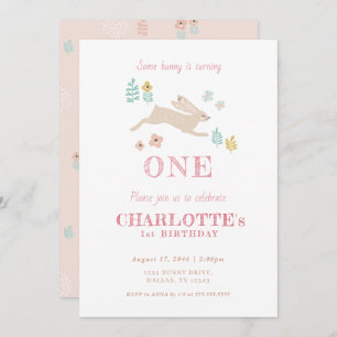 Cute Bunny Pink Floral Kid Girl's First Birthday  Invitation