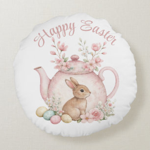 Cute Bunny & Pink Floral Teapot Happy Easter Round Cushion