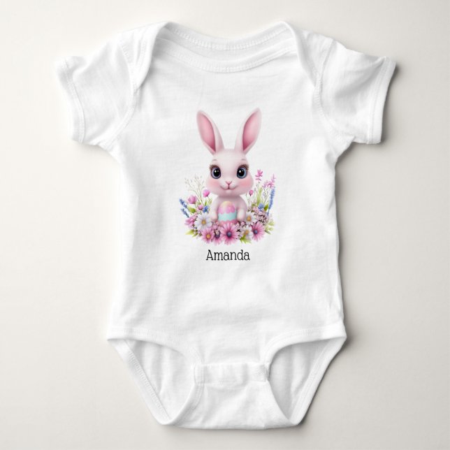 Cute Bunny Pink Flowers with Easter Egg Baby Bodysuit (Front)