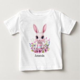 Cute Bunny Pink Flowers with Easter Egg Baby T-Shirt