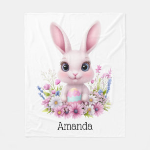 Cute Bunny Pink Flowers with Easter Egg Fleece Blanket