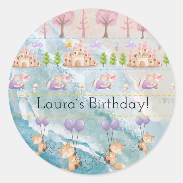 Cute Bunny  pink fox castle editable  pastel  Classic Round Sticker (Front)