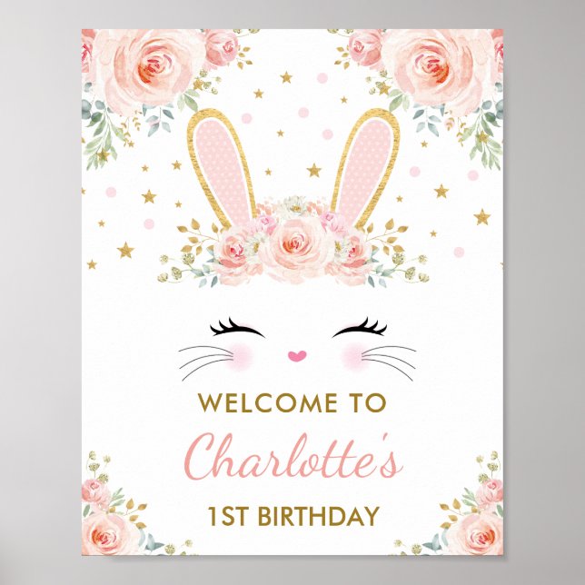 Cute Bunny Pink Gold Floral Easter Rabbit Welcome Poster (Front)
