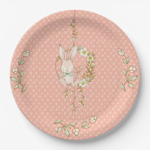 Cute Bunny Pink Polka Dot Baby Shower Paper Plate