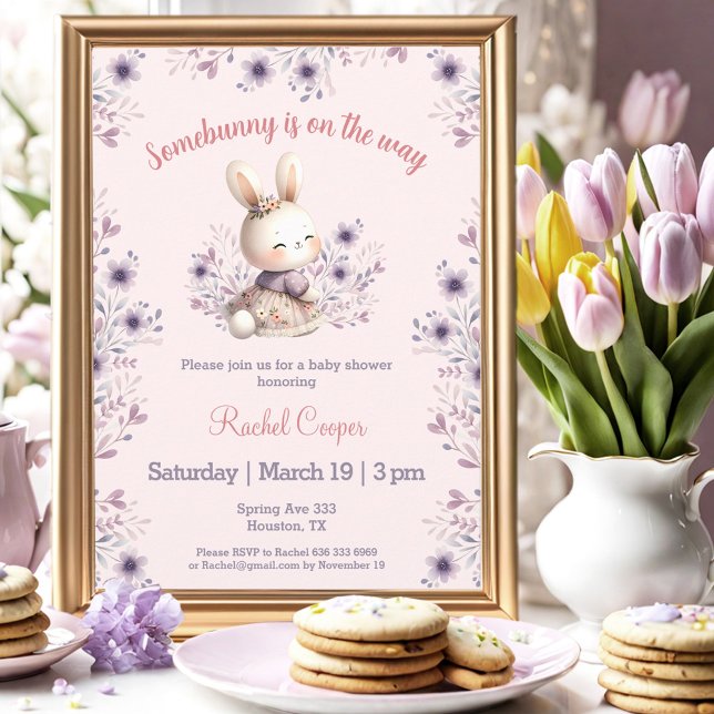Cute Bunny Pink Purple Floral Girl Baby Shower Invitation (Cute Bunny Pink Purple Floral Girl Baby Shower Invitation)