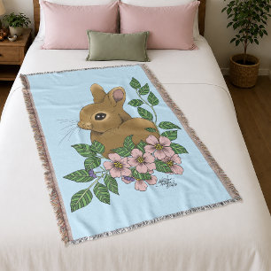 Cute Bunny Pink Spring Flowers Woodland Rabbit Throw Blanket