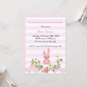 Cute Bunny pink stripes baby shower girl Invitation
