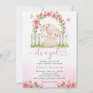 Cute Bunny Pink Watercolor Boho Girl Baby Shower  Invitation