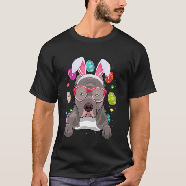 Cute Bunny Pitbull Dog Face Easter Eggs Easter Day T-Shirt (Front)