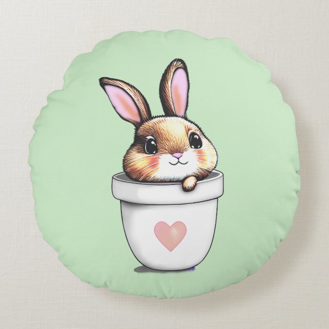Cute Bunny Plant Pot on Light Lime Green Round Cushion (Front)