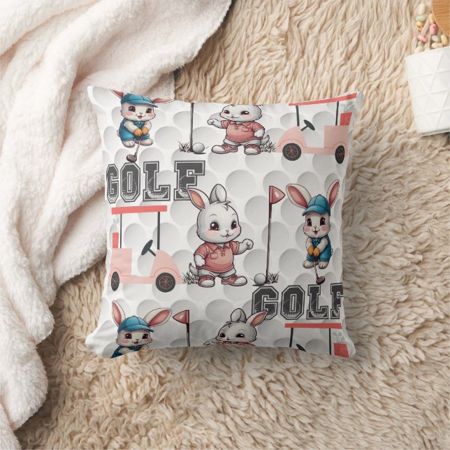 Cute Bunny Playing Golf Print Cushion (Blanket)