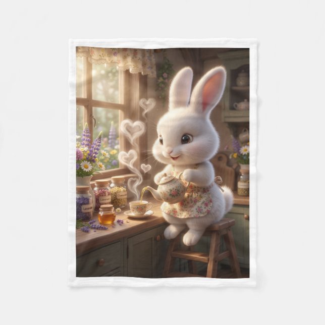 Cute Bunny Pouring Tea in Kitchen Fleece Blanket (Front)