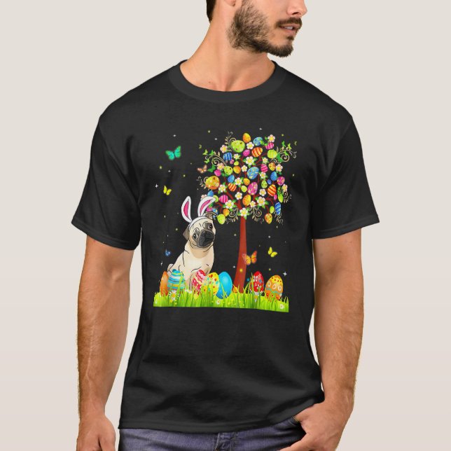 Cute Bunny Pug Easter Eggs Tree, Easter Puppy Dog  T-Shirt (Front)
