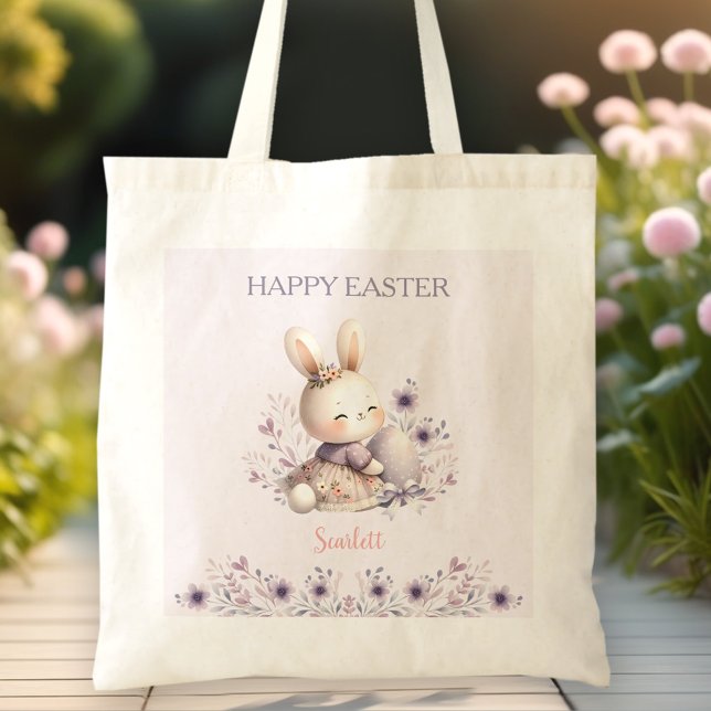Cute Bunny Purple Floral Name Egg Hunt Easter Tote Bag (Cute Bunny Purple Floral Name Egg Hunt Easter Tote Bag)