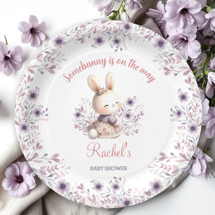 Cute Bunny Purple Pink Floral Girl Baby Shower Paper Plate