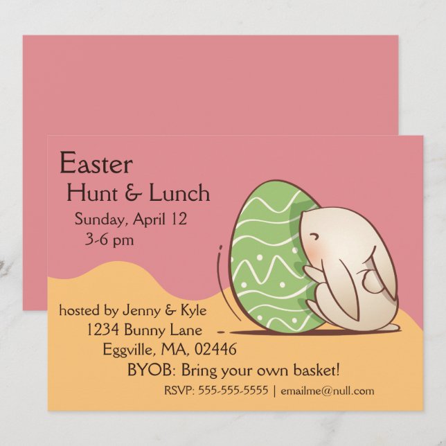 Cute Bunny pushing Green Easter Egg Invitation (Front/Back)