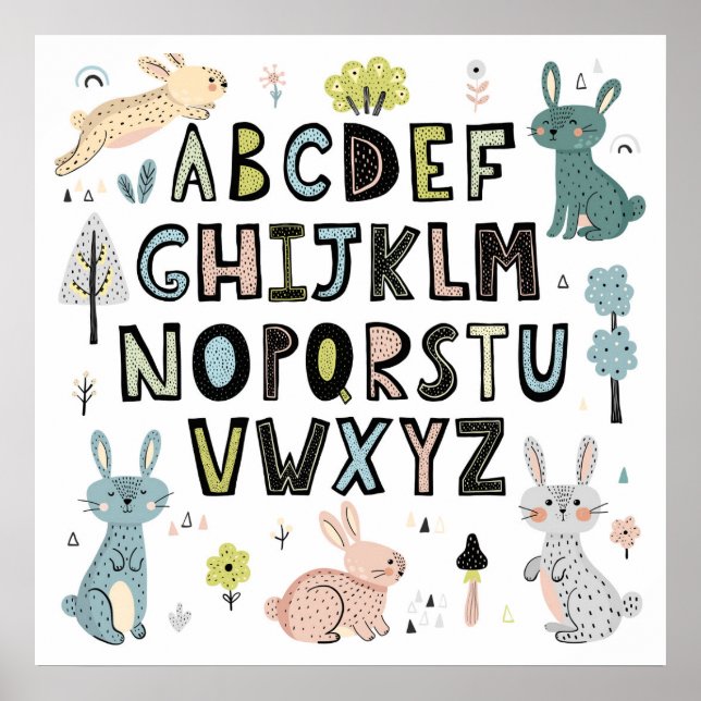 Cute Bunny Rabbit ABC Alphabet Letters Educational Poster (Front)