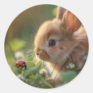 Cute bunny rabbit and a ladybug on the green field classic round sticker