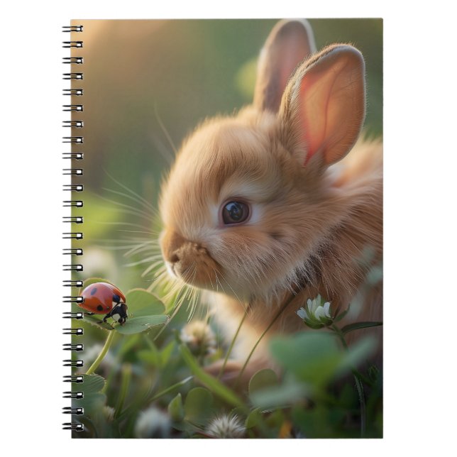 Cute bunny rabbit and a ladybug on the green field notebook (Front)