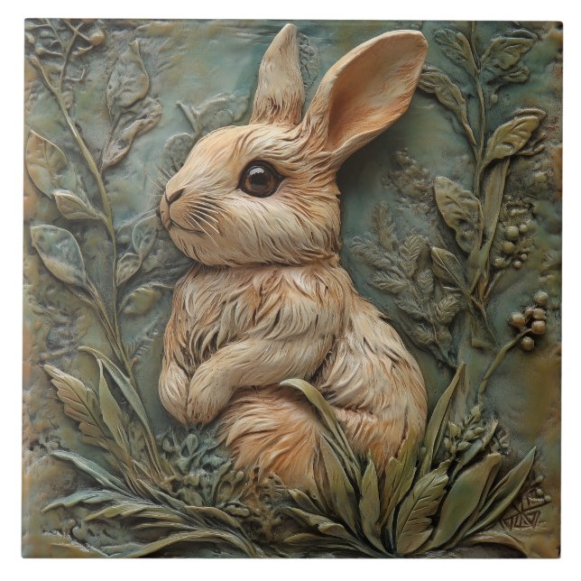 Cute Bunny Rabbit and Flowers Faux Relief Tile (Front)