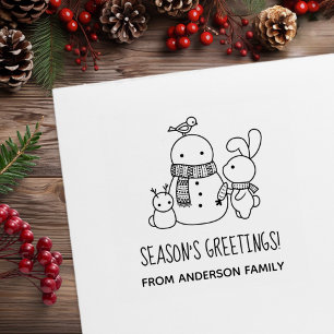 Cute Bunny Rabbit and Snowman Seasons Greetings  Rubber Stamp