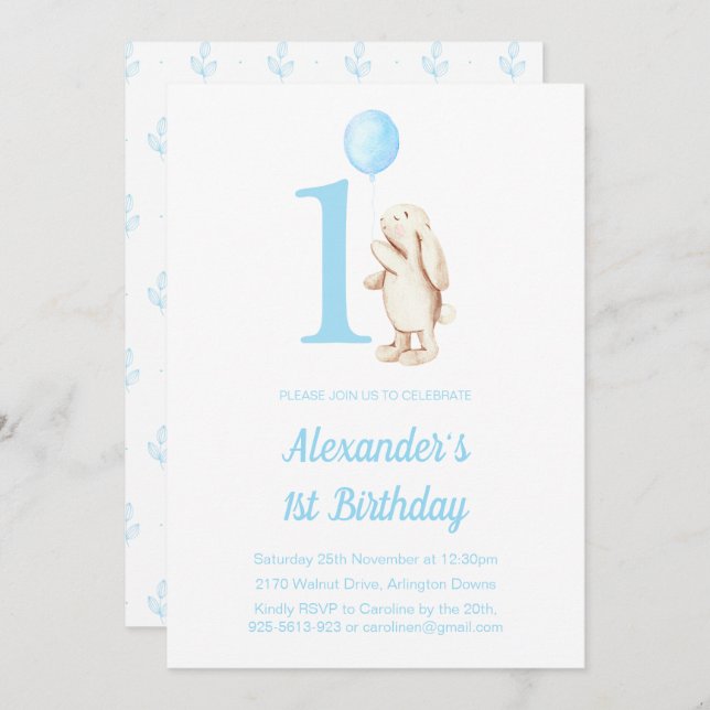 Cute Bunny Rabbit & Balloon Blue 1st Birthday Invitation (Front/Back)