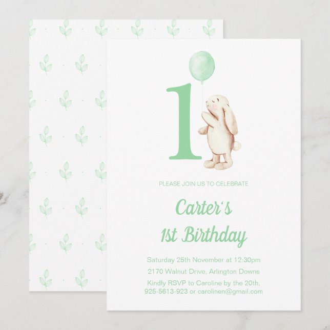 Cute Bunny Rabbit & Balloon Green 1st Birthday Invitation (Front/Back)