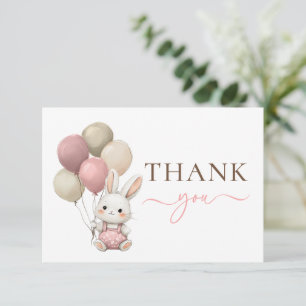 Cute Bunny Rabbit Balloons Pink Girl Baby Shower Thank You Card
