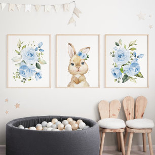 Cute Bunny, Rabbit, Blue Flowers, Boy Nursery