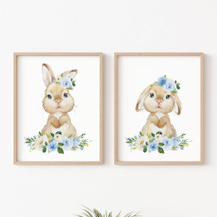 Cute Bunny, Rabbit, Blue Flowers, Boy Nursery