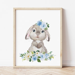 Cute Bunny, Rabbit, Blue Flowers, Boy Nursery Poster