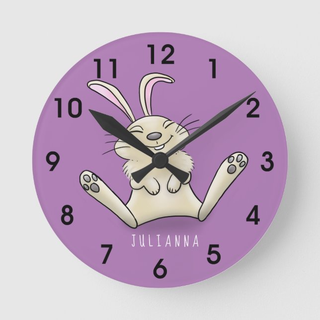 Cute bunny rabbit cartoon illustration round clock (Front)
