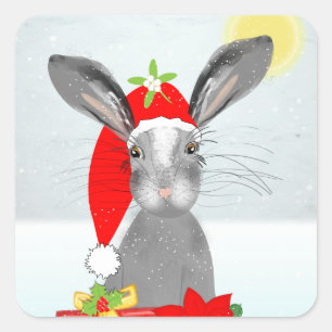 Cute Bunny Rabbit Christmas Holiday Theme Square Sticker