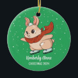 Cute Bunny Rabbit Christmas Snowy Winter Holiday Ceramic Tree Decoration<br><div class="desc">Cute cartoon animal ornament for kids and children. Perfect for first Christmas celebration with family. You can customise the text for any occasion.</div>