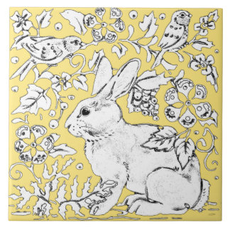 Cute Bunny Rabbit Drawing on Yellow, Bird Floral Tile