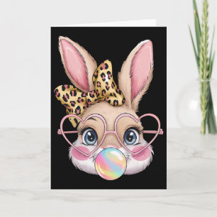 Cute Bunny Rabbit Face Leopard Bow Girls Happy Eas Card