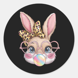 Cute Bunny Rabbit Face Leopard Bow Girls Happy Eas Classic Round Sticker