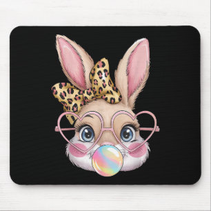 Cute Bunny Rabbit Face Leopard Bow Girls Happy Eas Mouse Pad