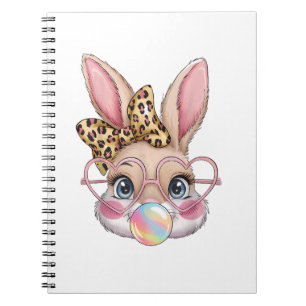 Cute Bunny Rabbit Face Leopard Bow Girls Happy Eas Notebook