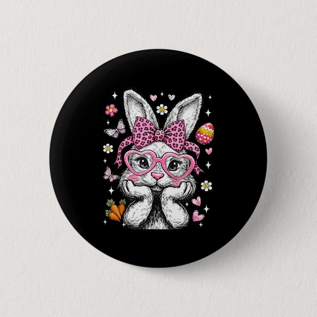 Cute bunny rabbit face leopard coquette bow easter 6 cm round badge (Front)