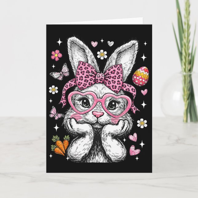 Cute Bunny Rabbit Face Leopard Coquette Bow Easter Card (Front)