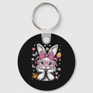 Cute Bunny Rabbit Face Leopard Coquette Bow Easter Key Ring