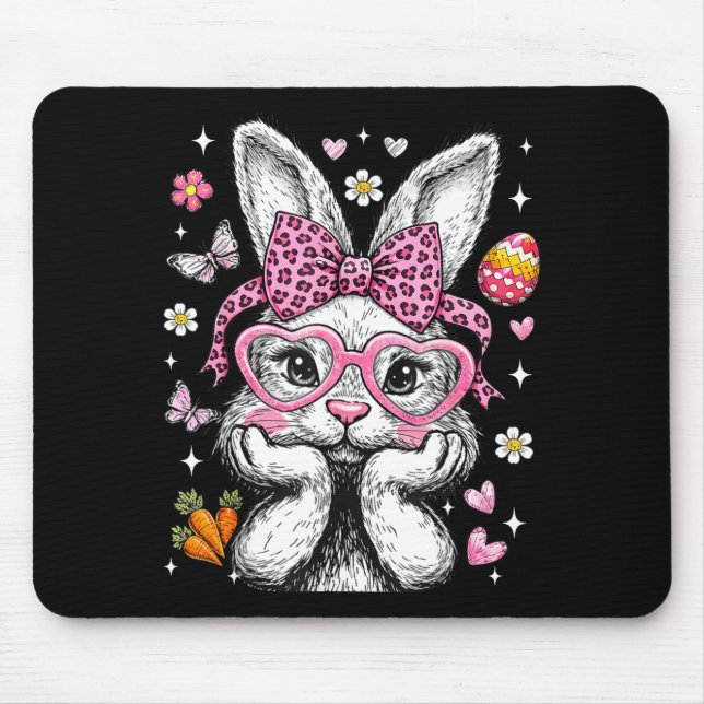Cute bunny rabbit face leopard coquette bow easter mouse pad (Front)