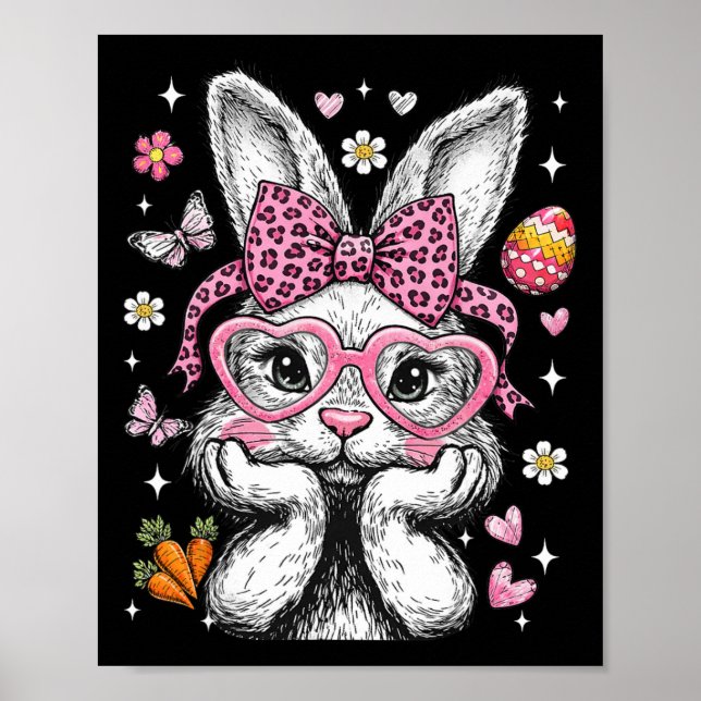 Cute Bunny Rabbit Face Leopard Coquette Bow Easter Poster (Front)