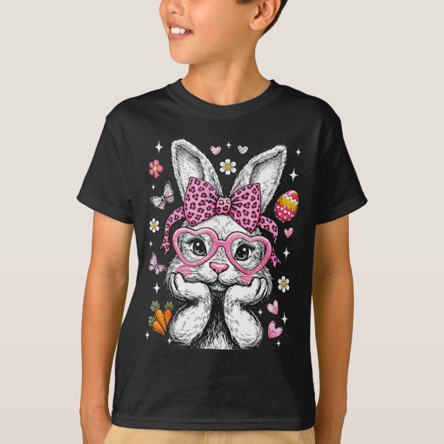 Cute bunny rabbit face leopard coquette bow easter T-Shirt (Front)
