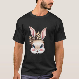 Cute Bunny Rabbit Face Leopard Coquette Bow Girls  T-Shirt